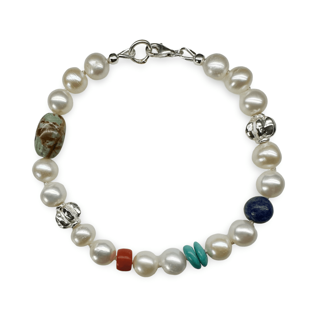 Handgefertigtes Süsswasserperlen - Armband mit Edelsteinen und Silberperlen - Atelier Tibet