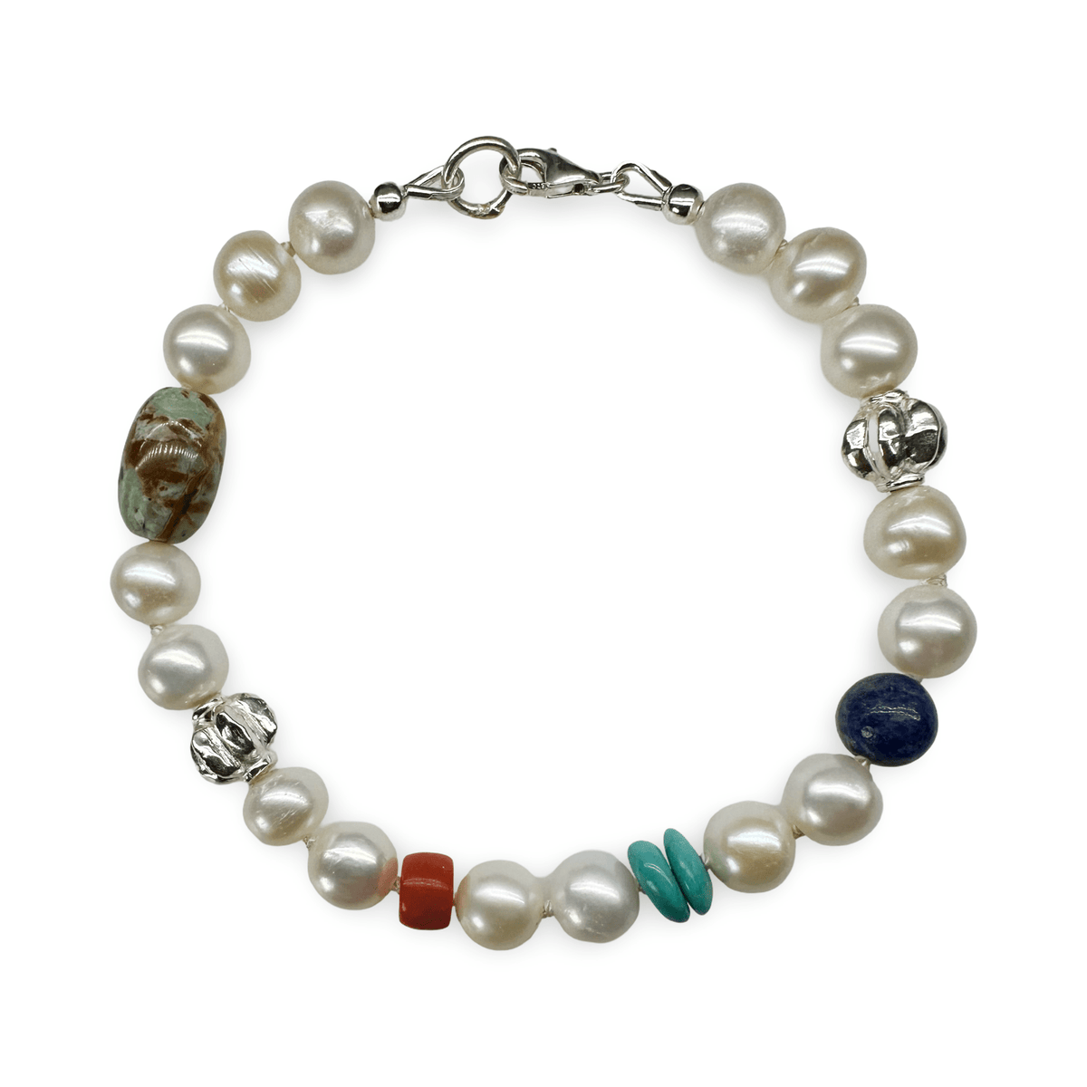 Handgefertigtes Süsswasserperlen - Armband mit Edelsteinen und Silberperlen - Atelier Tibet