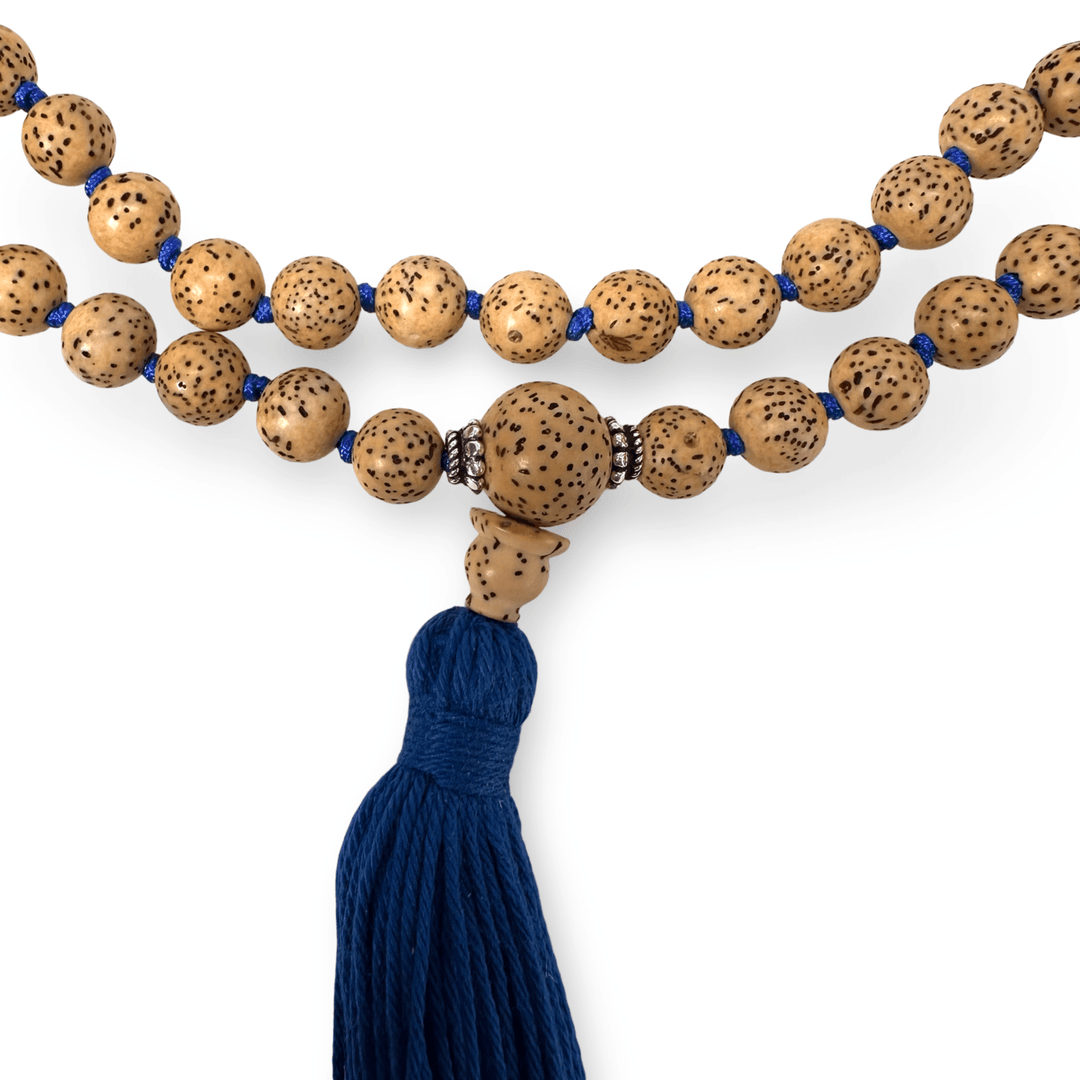 Handgeknüpfte Lotus-Samen-Mala mit blauer Quaste - Atelier Tibet