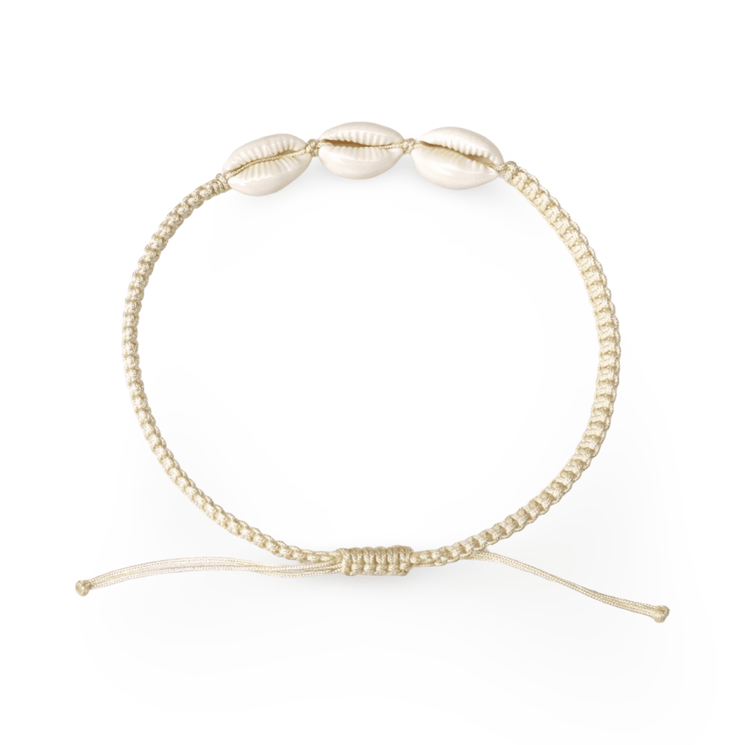 Handgeknüpftes Fusskettchen mit drei Muscheln, verschiedene Farben - Atelier Tibet