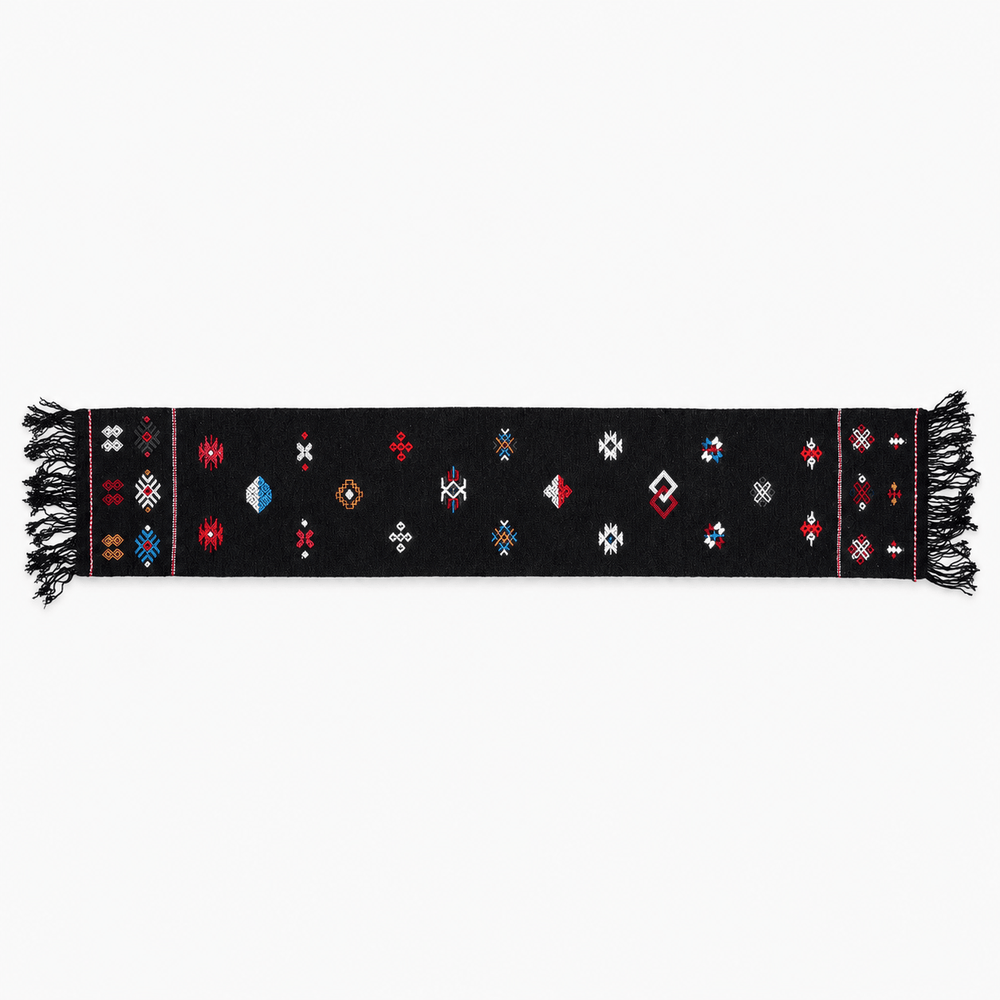 Handgewebter Läufer aus Bhutan - Yakwolle, Schwarz mit eingewebten Motiven - Atelier Tibet