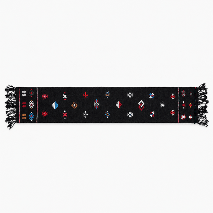 Handgewebter Läufer aus Bhutan - Yakwolle, Schwarz mit eingewebten Motiven - Atelier Tibet