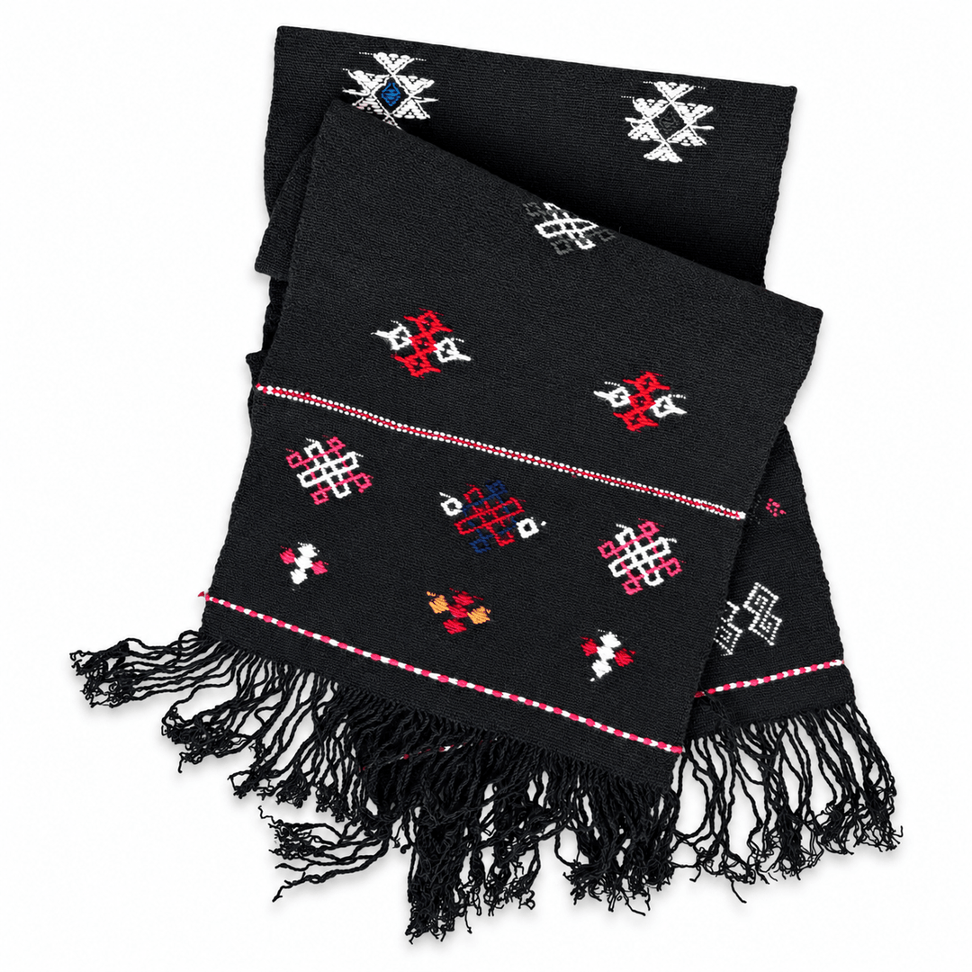 Handgewebter Läufer aus Bhutan - Yakwolle, Schwarz mit eingewebten Motiven - Atelier Tibet
