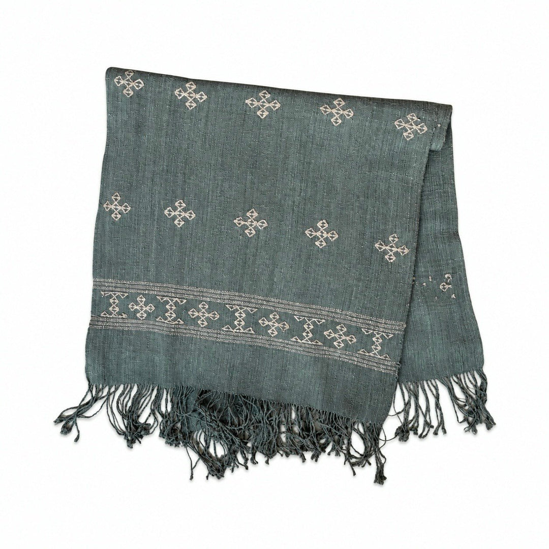 Handgewebter Schal aus Bhutan – Rohseide, Oliv mit Altrosa - Atelier Tibet