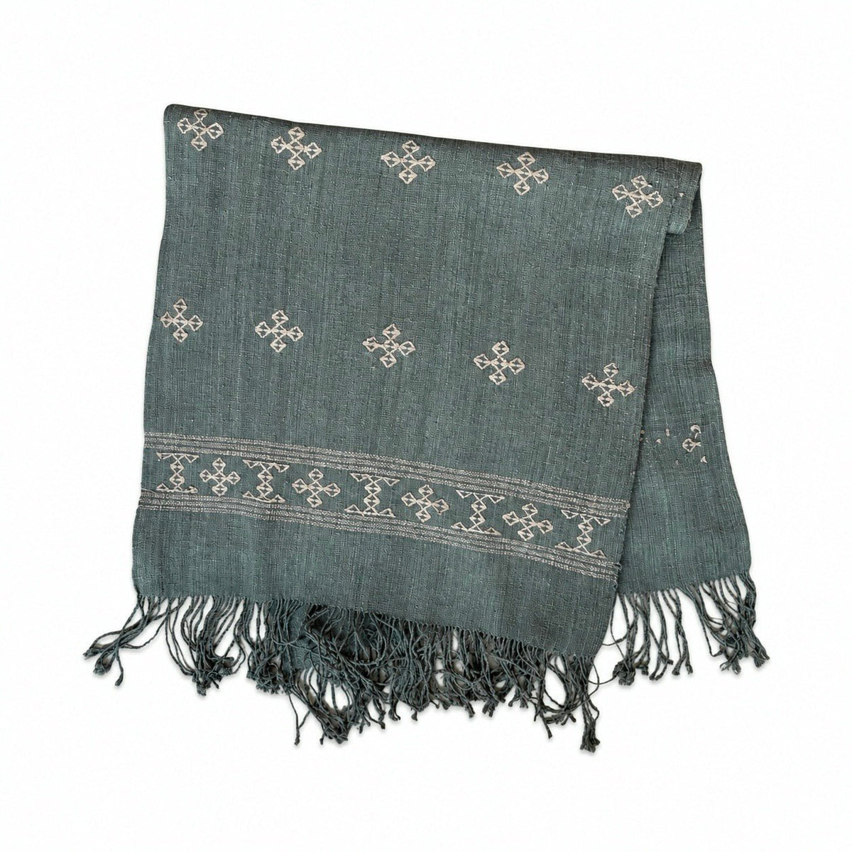 Handgewebter Schal aus Bhutan – Rohseide, Oliv mit Altrosa - Atelier Tibet