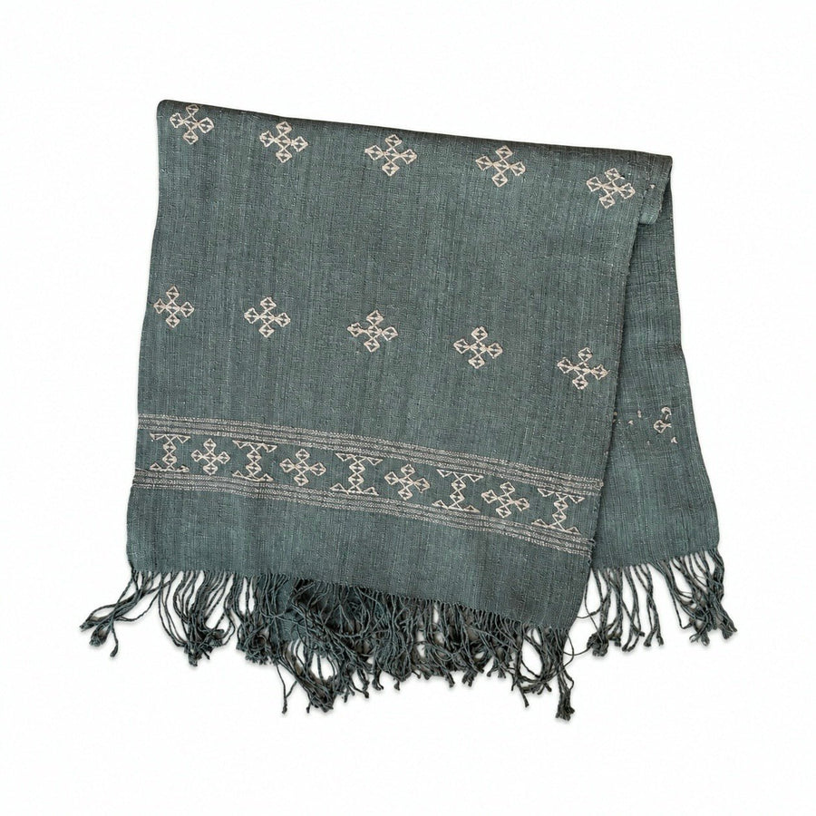 Handgewebter Schal aus Bhutan – Rohseide, Oliv mit Altrosa - Atelier Tibet