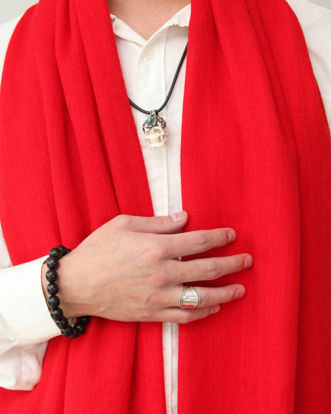 Himalaya - Schal • 100% Wolle • Rot mit blauen Streifen - Atelier Tibet