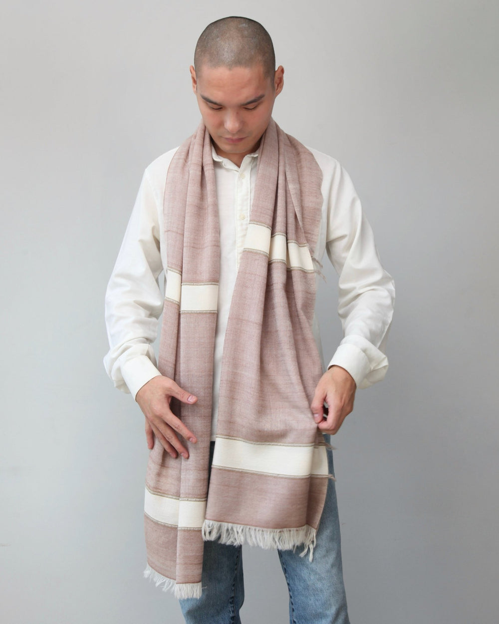 Himalaya Schal • 80% Wolle, 20% Pashmina • Beige & Offwhite - Atelier Tibet