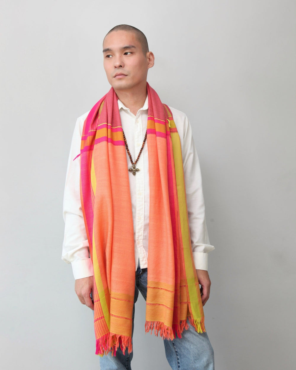 Himalaya Schal • 80% Wolle, 20% Pashmina • Koralle, Grün, Pink - Atelier Tibet