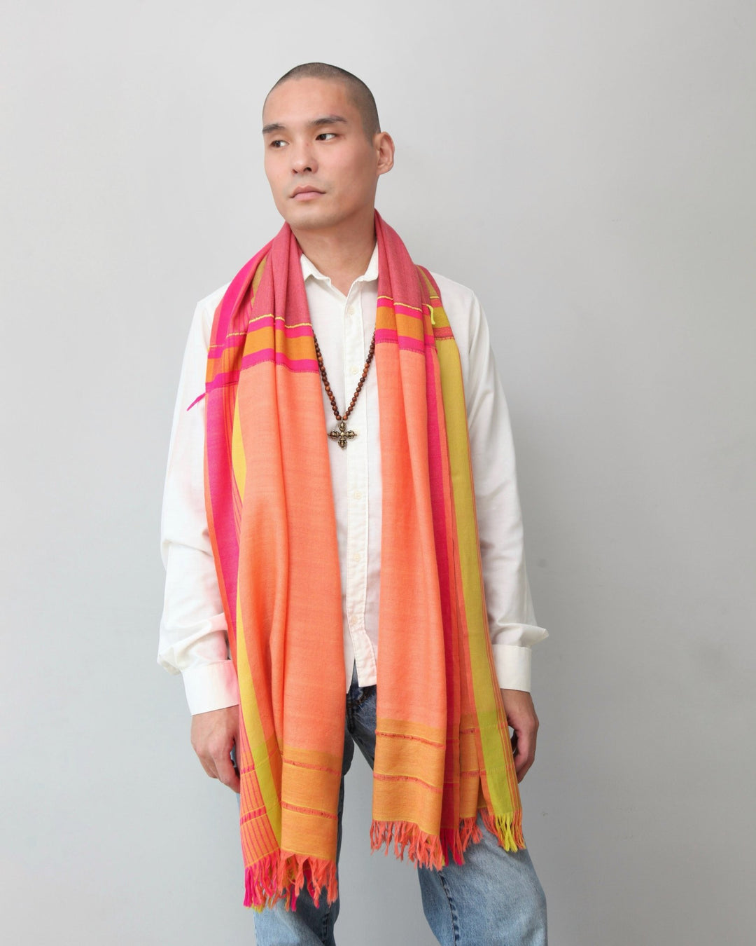 Himalaya Schal • 80% Wolle, 20% Pashmina • Koralle, Grün, Pink - Atelier Tibet