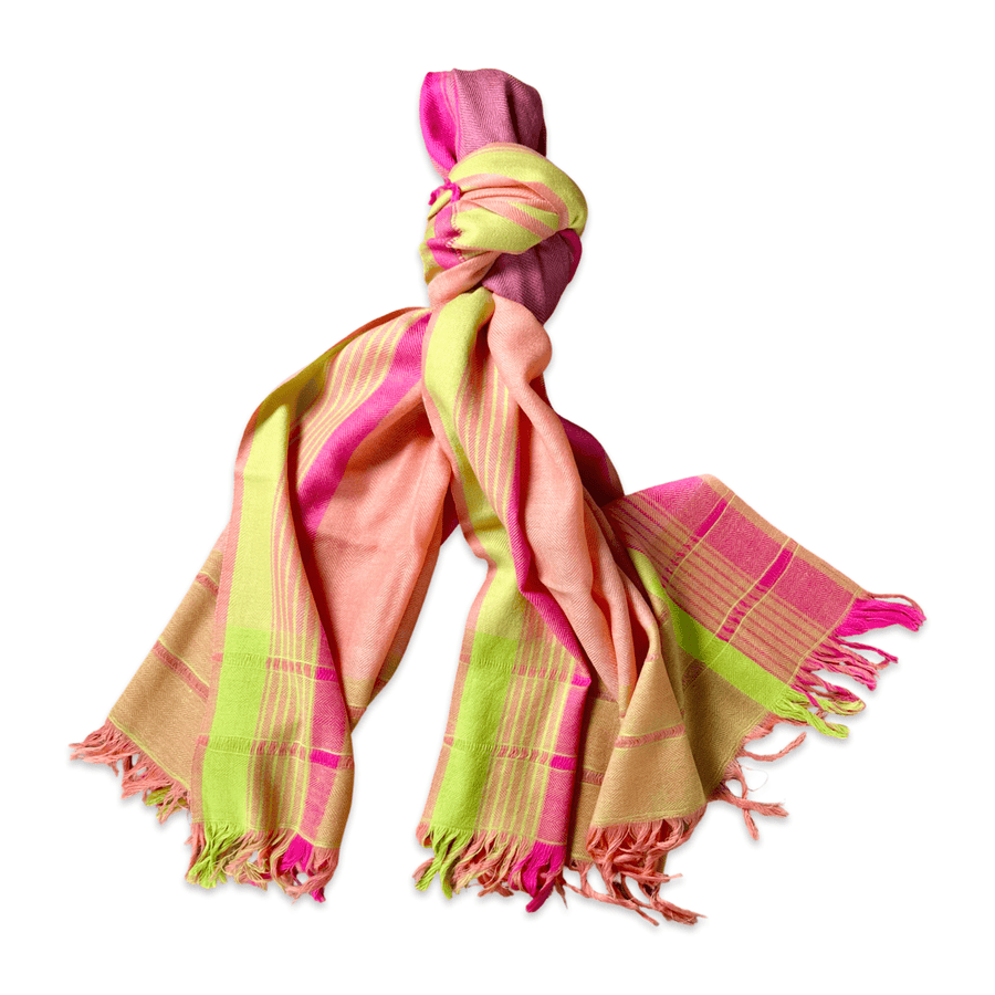 Himalaya Schal • 80% Wolle, 20% Pashmina • Koralle, Grün, Pink - Atelier Tibet