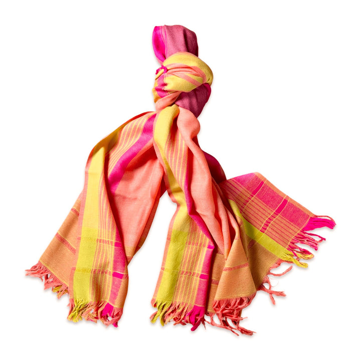 Himalaya Schal • 80% Wolle, 20% Pashmina • Koralle, Grün, Pink - Atelier Tibet