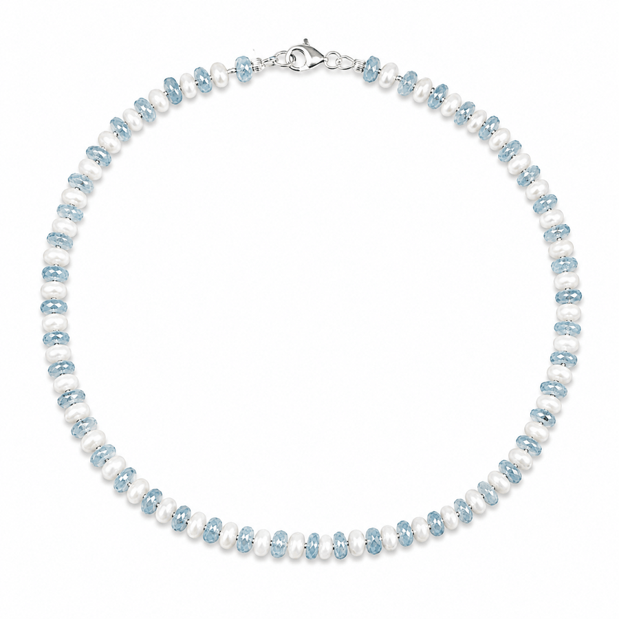 Kette aus Aquamarin und Perlmutt - Atelier Tibet
