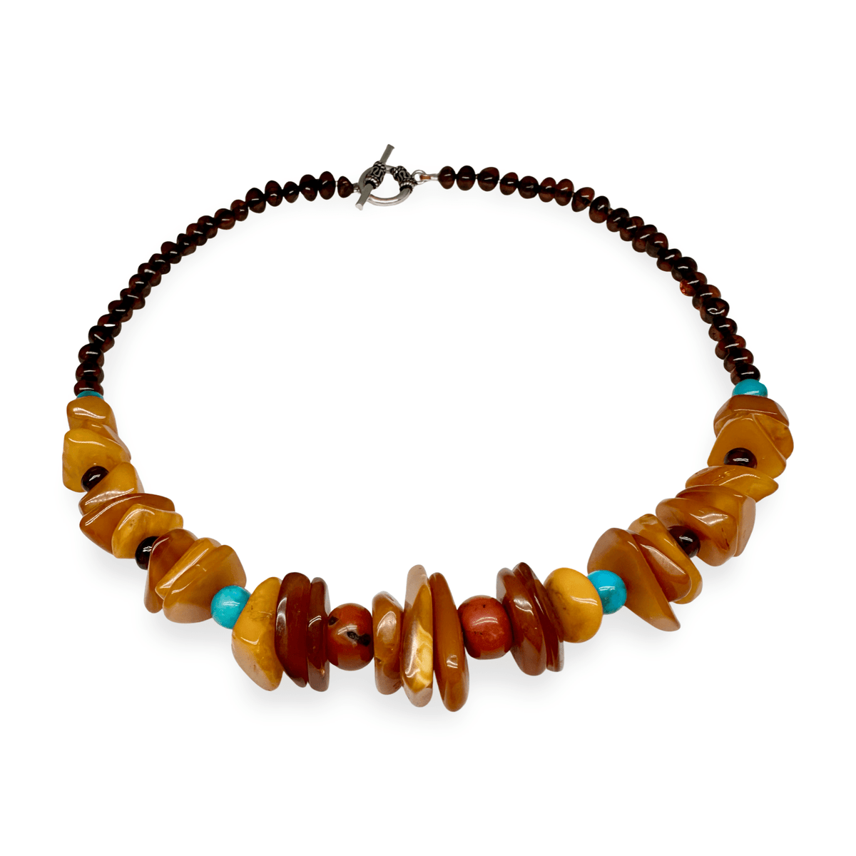 Kette aus Bernstein, alter Koralle und Türkis - Atelier Tibet