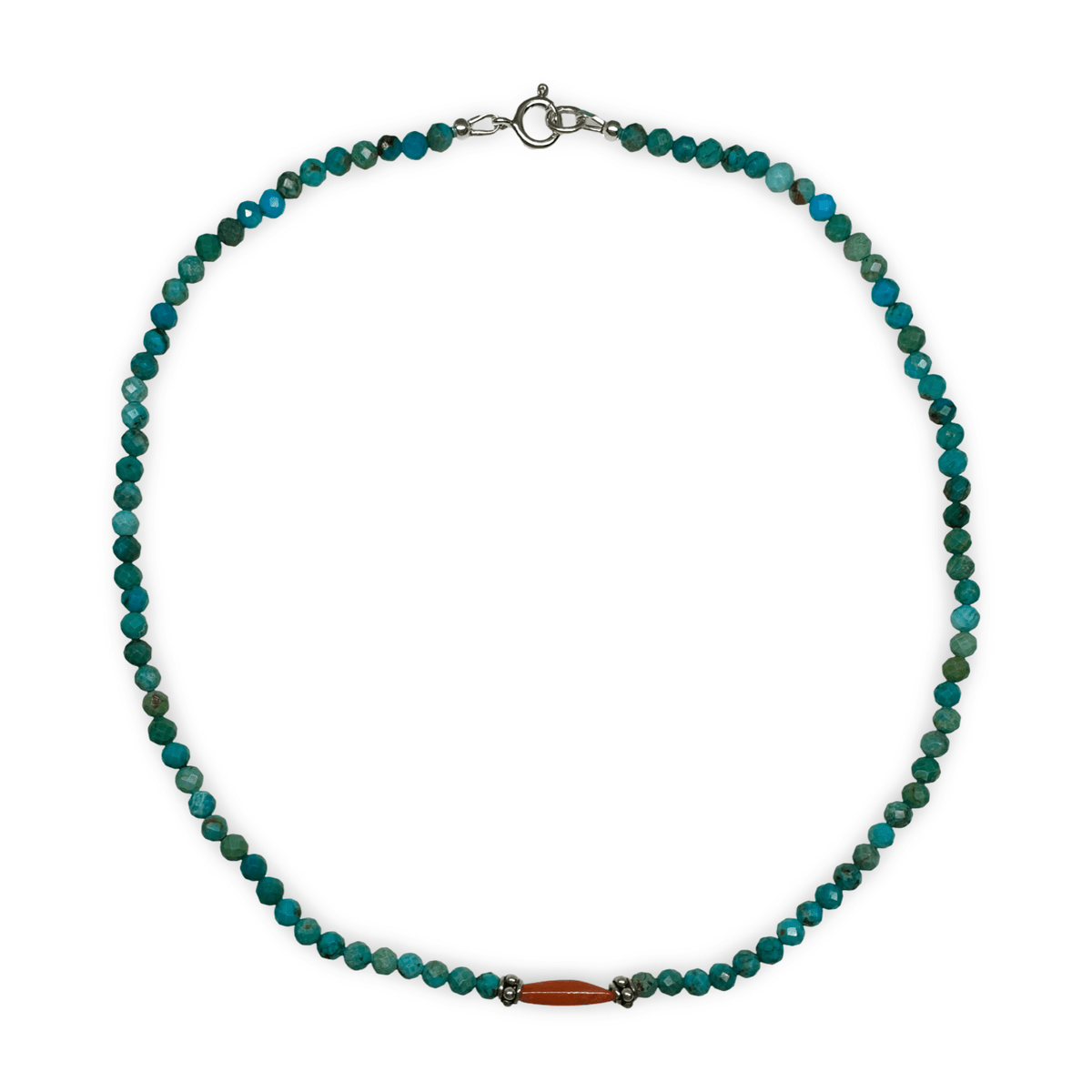 Kette aus Tibet Türkis mit alter Koralle und Silberperlen - Atelier Tibet