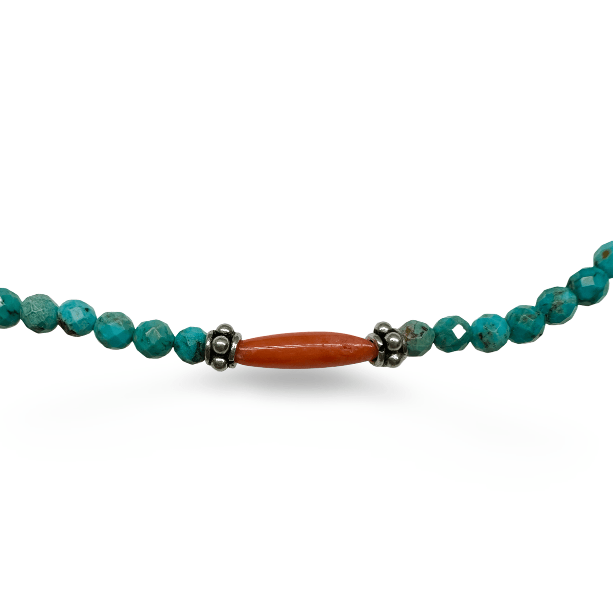 Kette aus Tibet Türkis mit alter Koralle und Silberperlen - Atelier Tibet