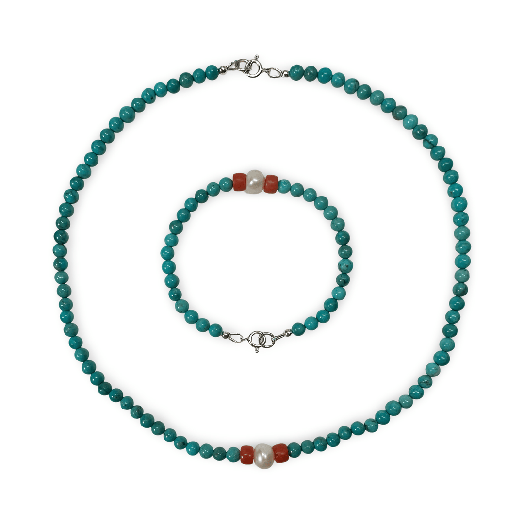 Kette und Armband aus Türkis, alter Koralle und einer Perle - Atelier Tibet