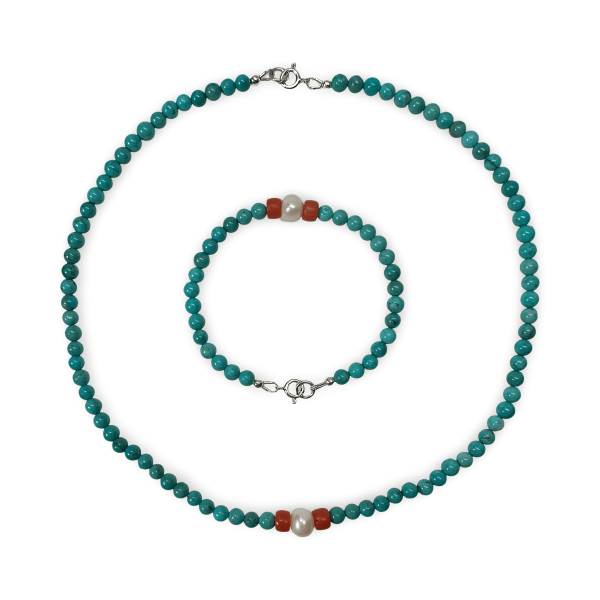Kette und Armband aus Türkis, alter Koralle und einer Perle - Atelier Tibet