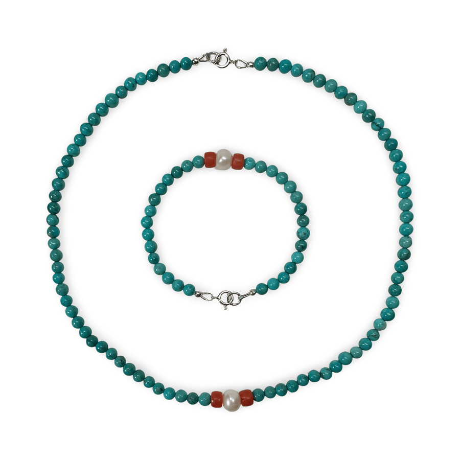 Kette und Armband aus Türkis, alter Koralle und einer Perle - Atelier Tibet