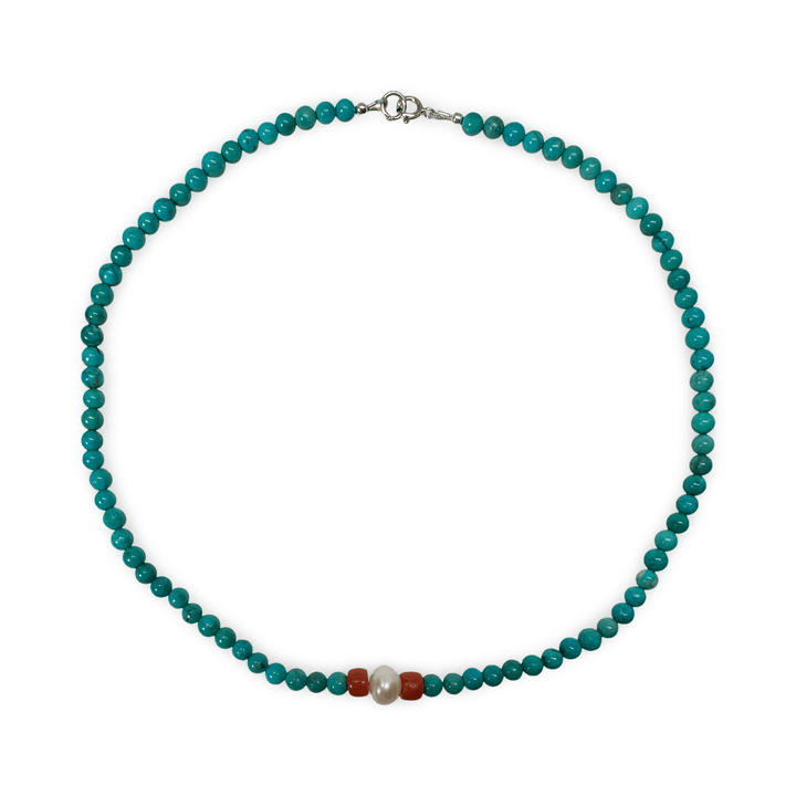 Kette und Armband aus Türkis, alter Koralle und einer Perle - Atelier Tibet