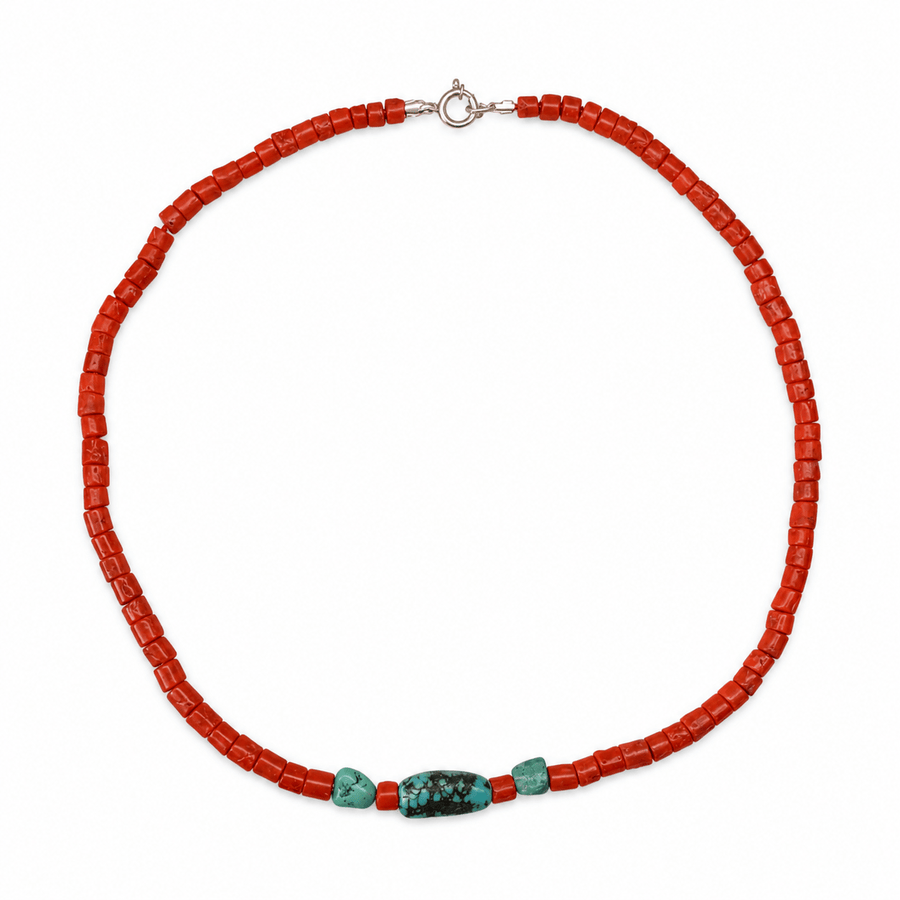 Korallen - Kette mit Tibet - Türkis – alte Bestände - Atelier Tibet