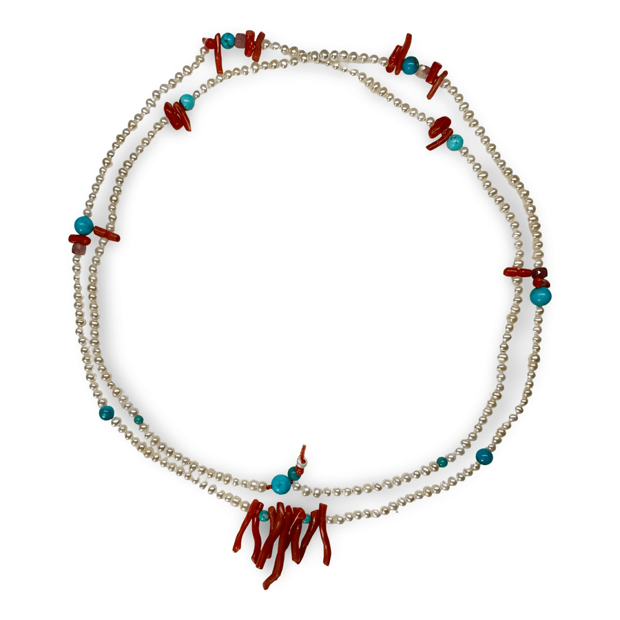 Korallen - , Türkis - , Turmalin - und Süsswasserperlen - Kette - Atelier Tibet