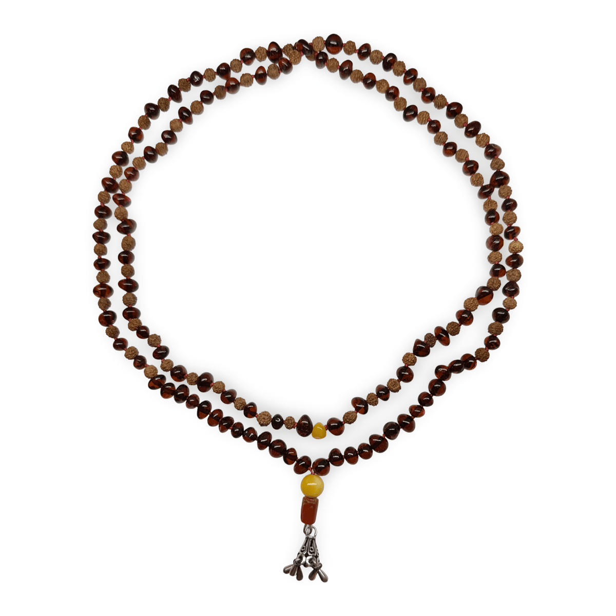 Lange Kette aus Bernstein, Rudraksha, Silber und alter Koralle - Atelier Tibet