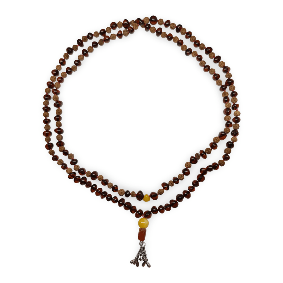 Lange Kette aus Bernstein, Rudraksha, Silber und alter Koralle - Atelier Tibet