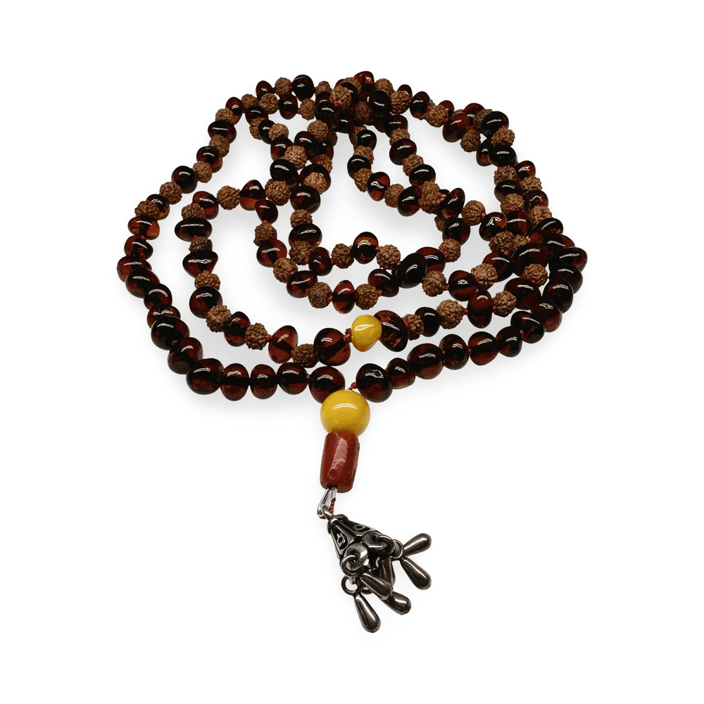 Lange Kette aus Bernstein, Rudraksha, Silber und alter Koralle - Atelier Tibet