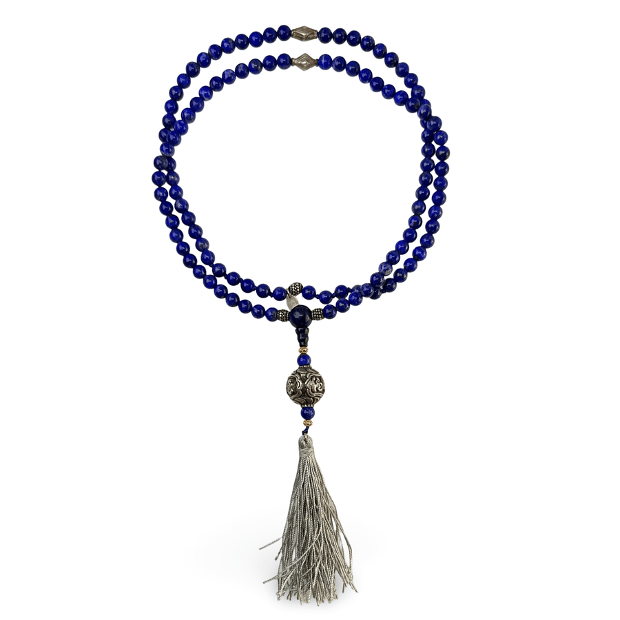 Lapis Lazuli - Mala mit Silberperlen und Quaste - Atelier Tibet