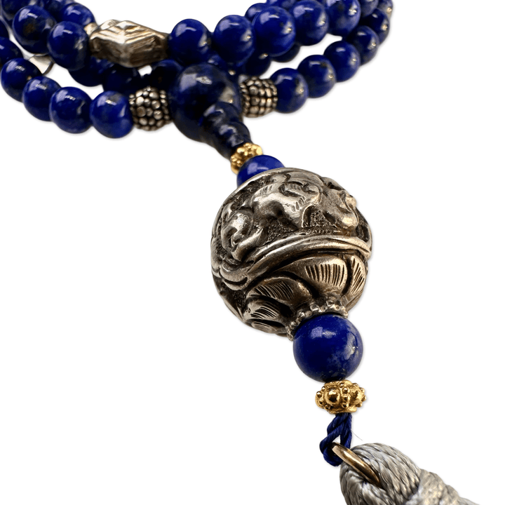 Lapis Lazuli - Mala mit Silberperlen und Quaste - Atelier Tibet