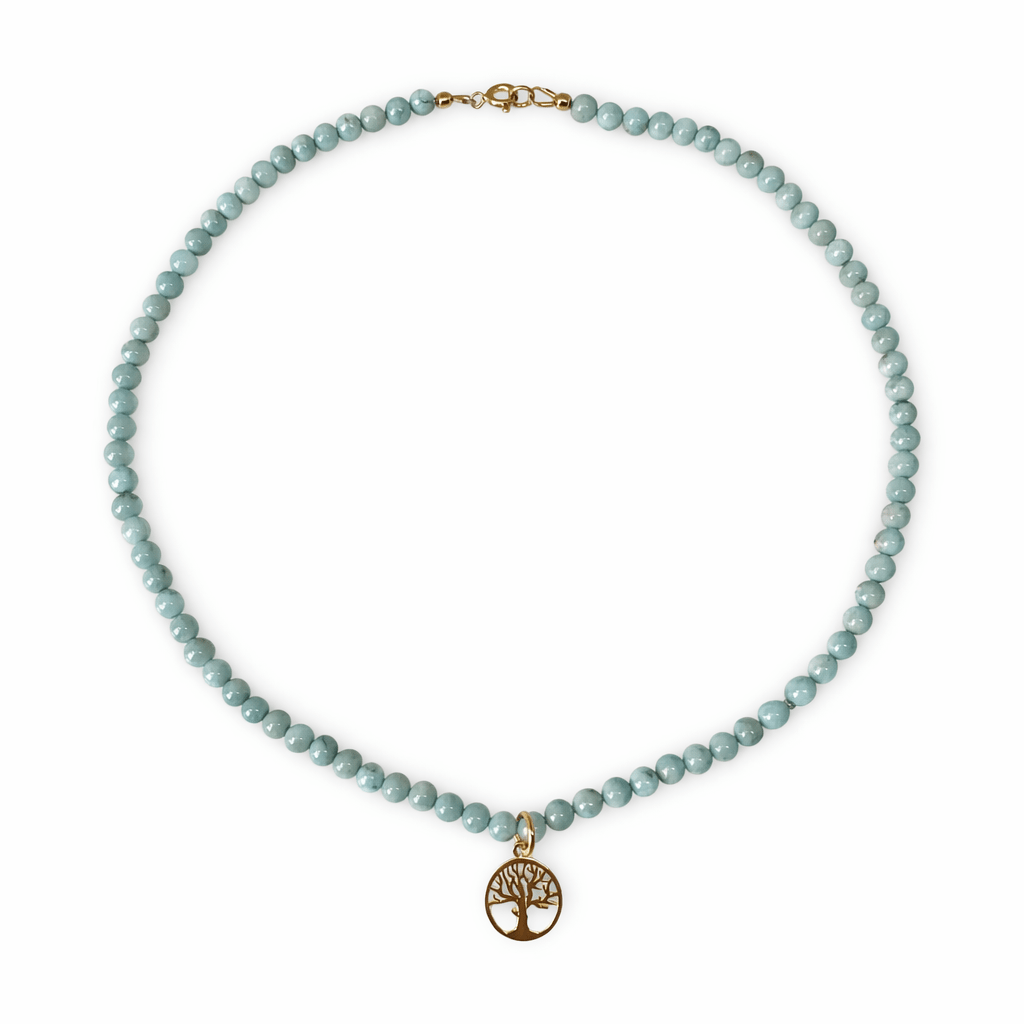 Larimar Halskette mit goldenem Lebensbaum - Anhänger - Atelier Tibet