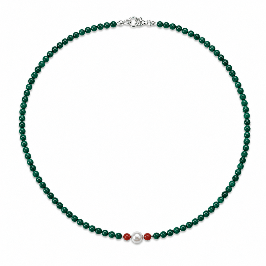 Lebhafte Malachit-Kette mit Süsswasserperle - Atelier Tibet