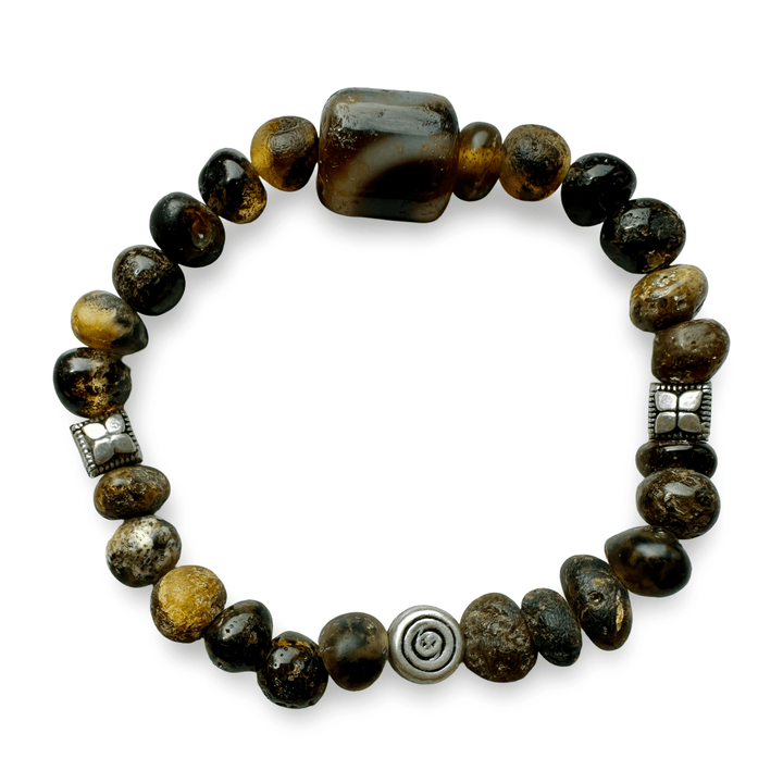 Mala - Armband aus dunklem Bernstein, Silber und einem Dzi - Atelier Tibet