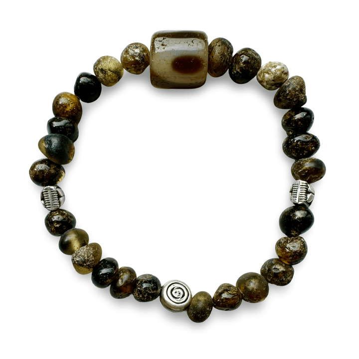 Mala - Armband aus dunklem Bernstein, Silber und einem Dzi - Atelier Tibet