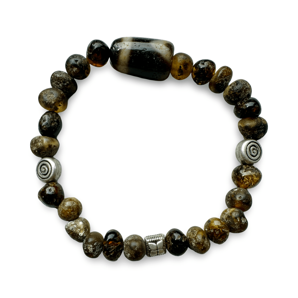 Mala - Armband aus dunklem Bernstein, Silber und einem Dzi - Atelier Tibet