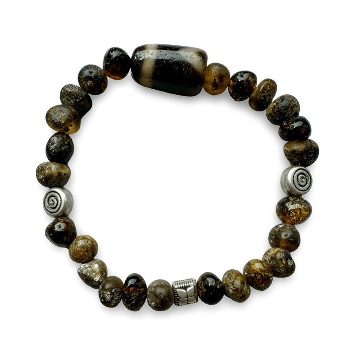 Mala - Armband aus dunklem Bernstein, Silber und einem Dzi - Atelier Tibet