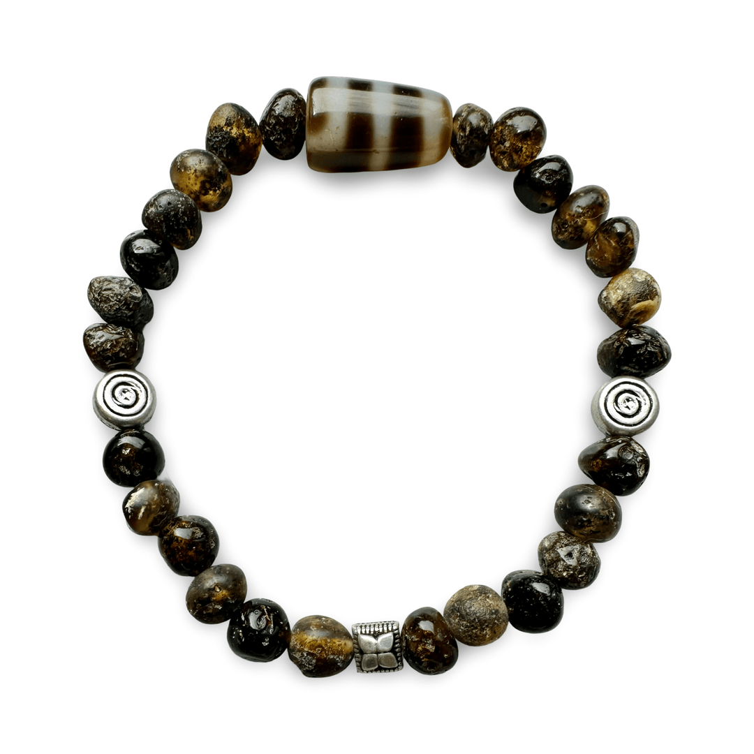Mala - Armband aus dunklem Bernstein, Silber und einem Dzi - Atelier Tibet