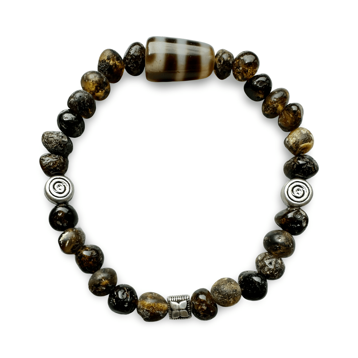 Mala - Armband aus dunklem Bernstein, Silber und einem Dzi - Atelier Tibet
