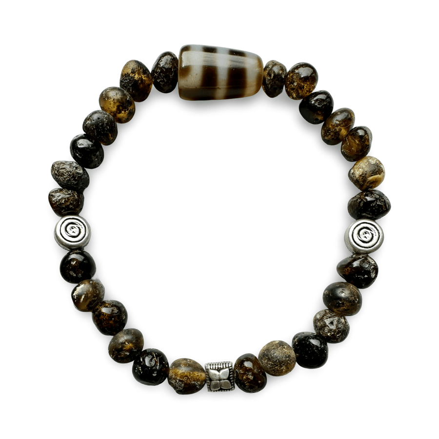 Mala - Armband aus dunklem Bernstein, Silber und einem Dzi - Atelier Tibet