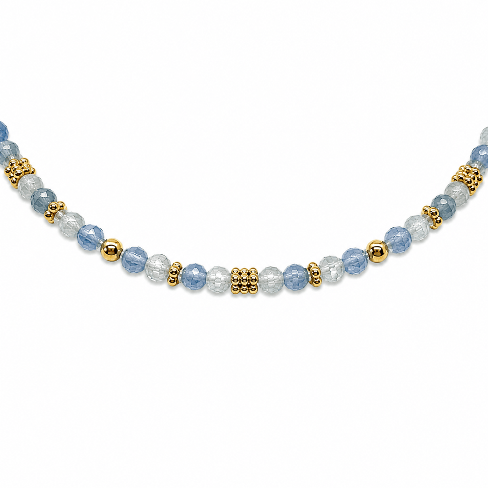 Mala Armband aus facettiertem Aquamarin und vergoldeten Silberperlen - Atelier Tibet