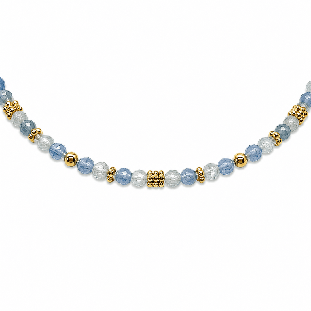 Mala Armband aus facettiertem Aquamarin und vergoldeten Silberperlen - Atelier Tibet