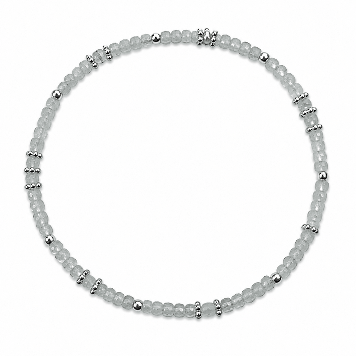 Mala Armband aus facettiertem Regenbogen Mondstein und Silberperlen - Atelier Tibet
