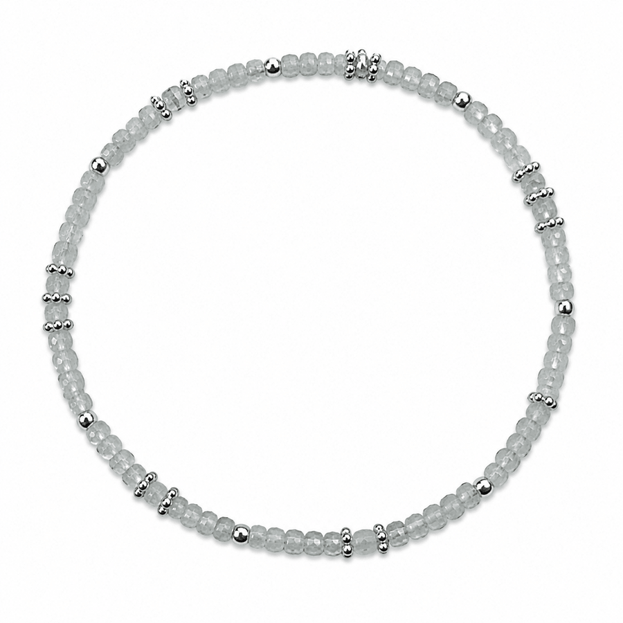 Mala Armband aus facettiertem Regenbogen Mondstein und Silberperlen - Atelier Tibet