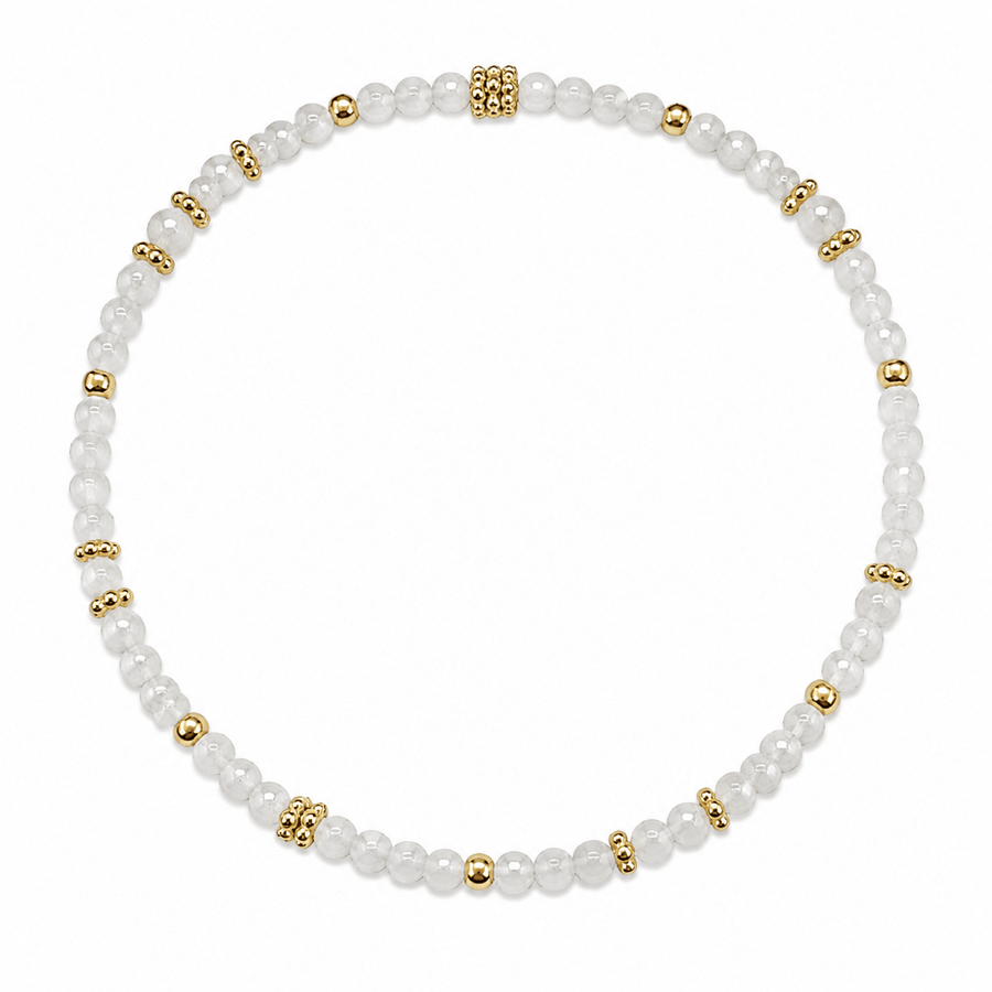 Mala Armband aus facettiertem Regenbogen Mondstein und vergoldeten Silberperlen - Atelier Tibet