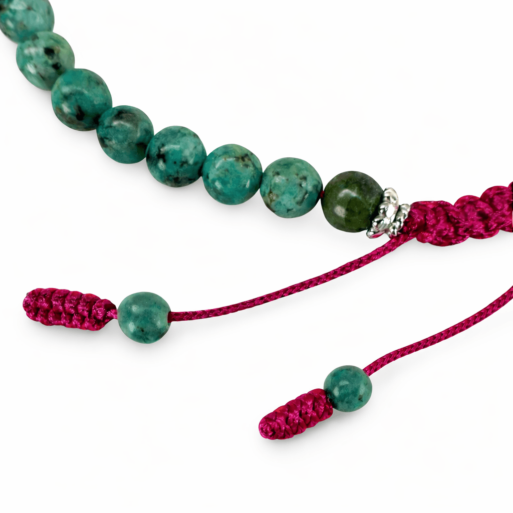 Mala - Armband aus Tibet - Türkis, mit magentafarbener Kordel - Atelier Tibet