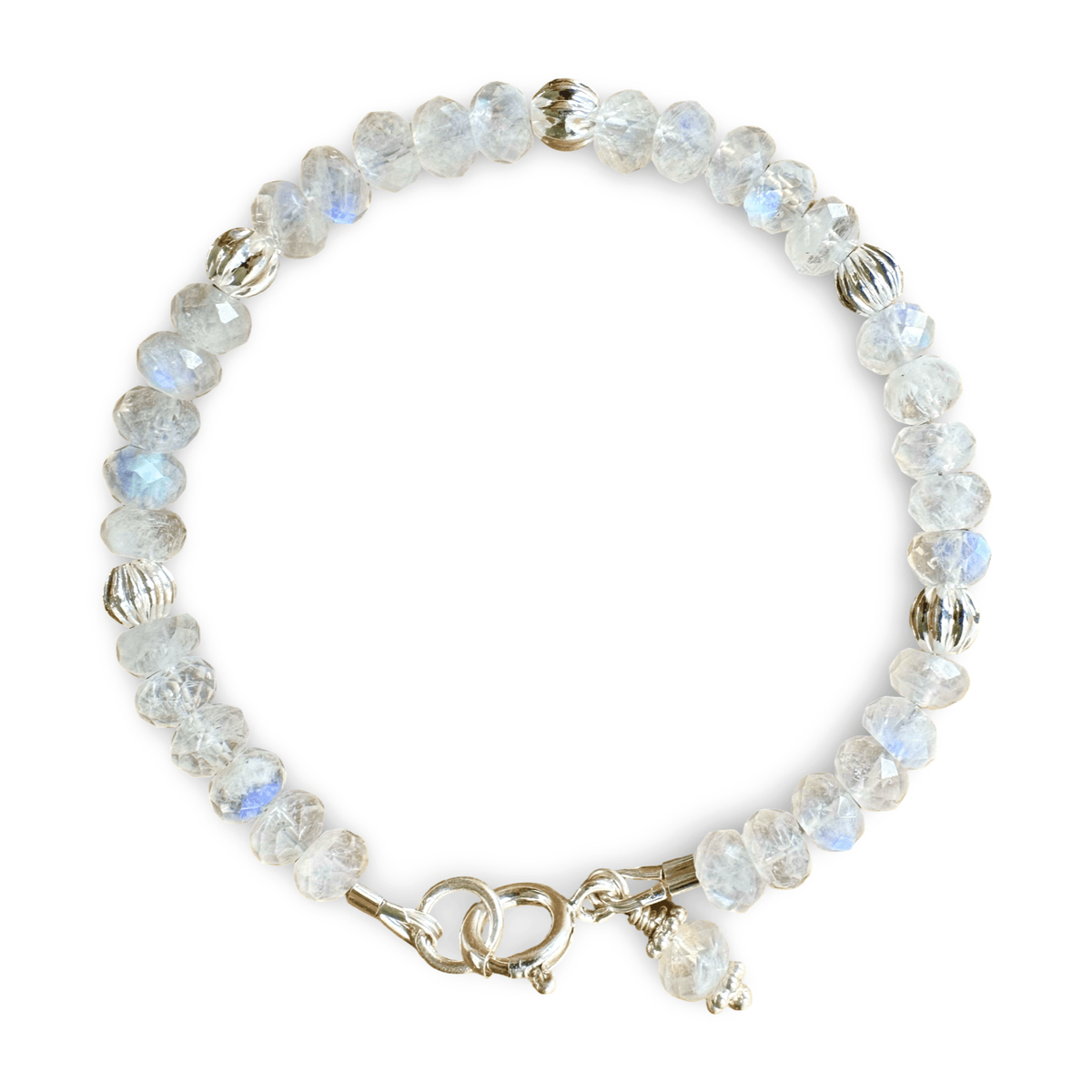 Mala Armband mit facettiertem Regenbogen Mondstein und Silberperlen - Atelier Tibet