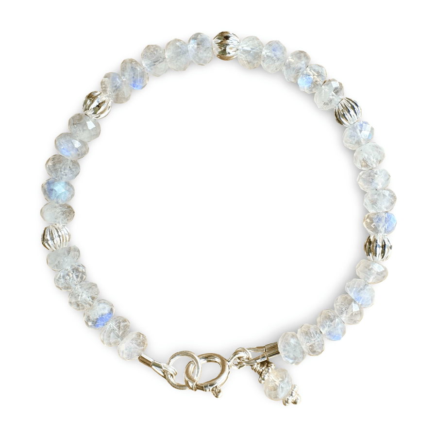 Mala Armband mit facettiertem Regenbogen Mondstein und Silberperlen - Atelier Tibet