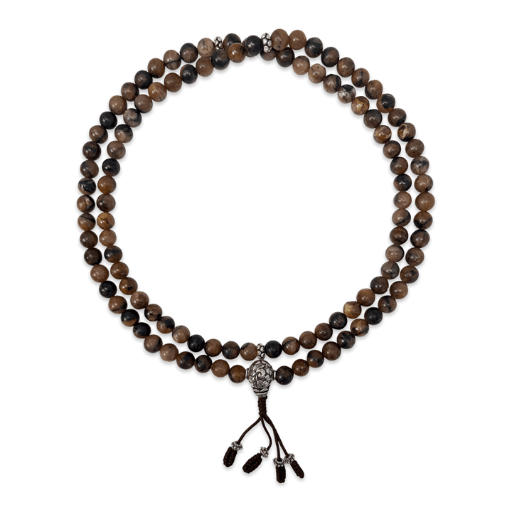 Mala aus Landschaftsjaspis mit handgefertigter Silberperle - Atelier Tibet