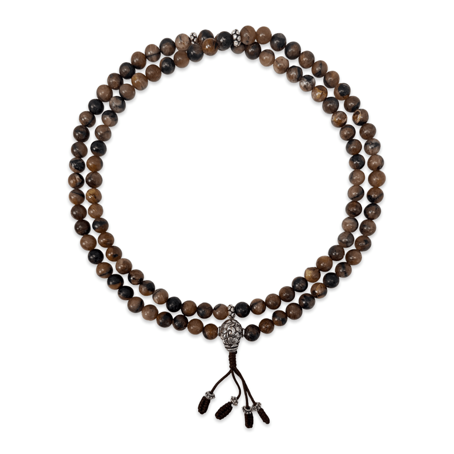 Mala aus Landschaftsjaspis mit handgefertigter Silberperle - Atelier Tibet